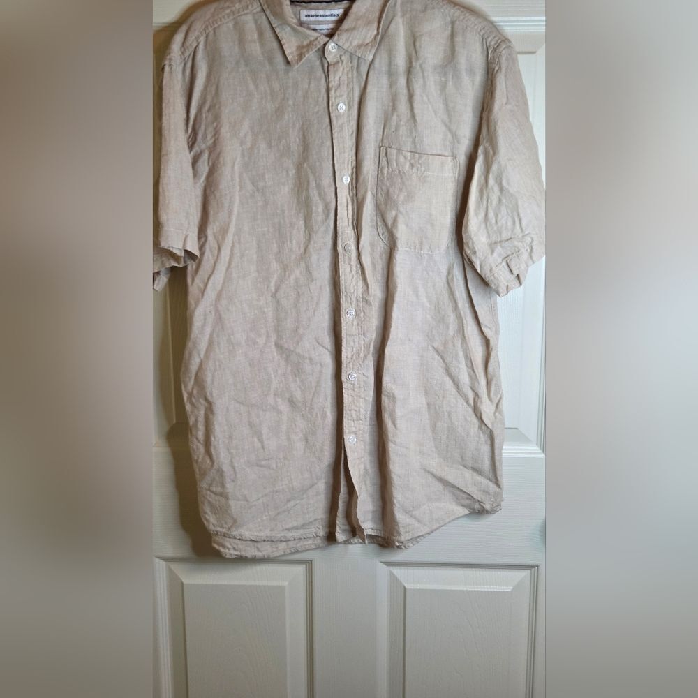 Amazon Essentials XL Beige  100% LINEN  Shrtslv Pocket Buttons Up Men's Shirt
